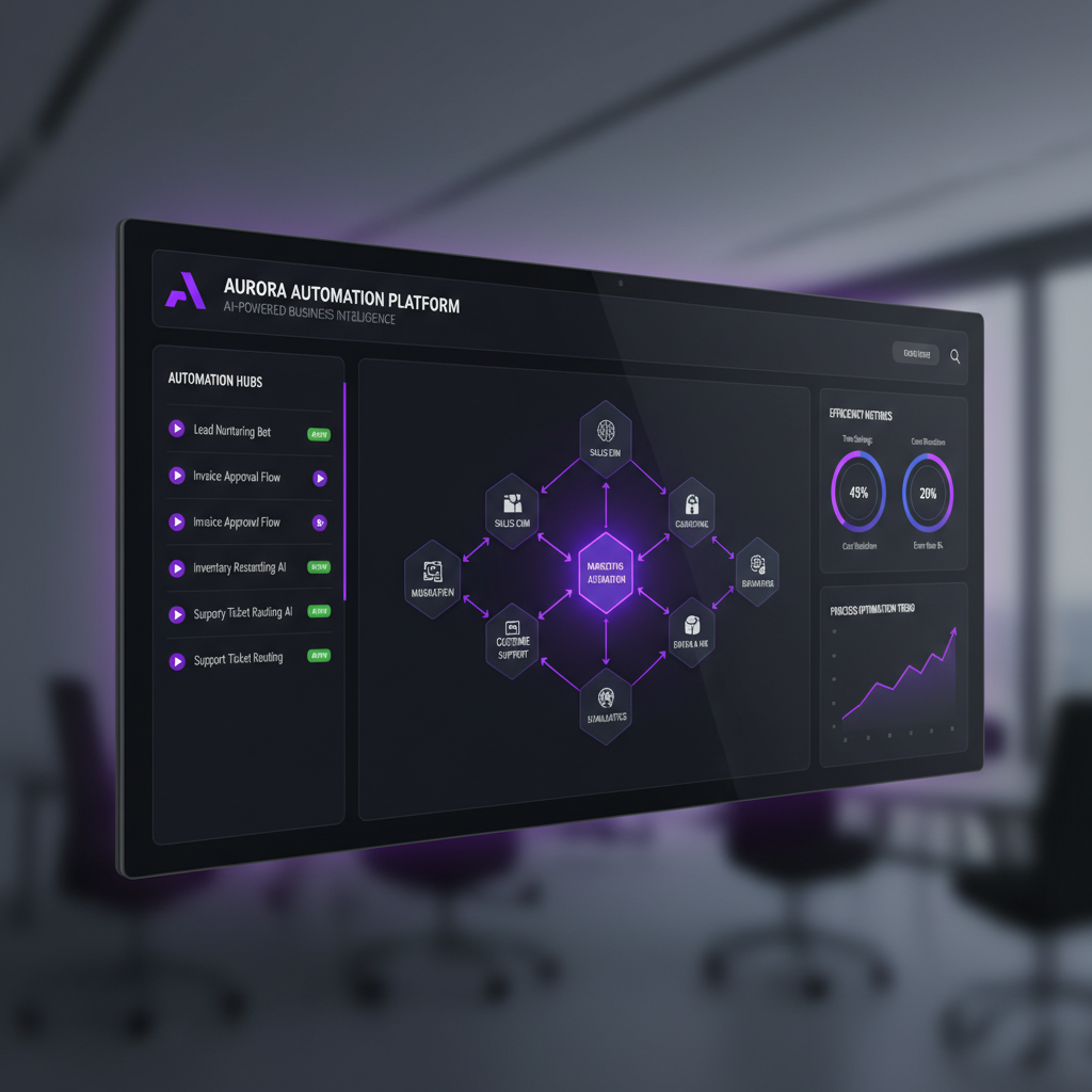 A modern dashboard interface showing automated business processes and AI integration within a custom software system. Cl
