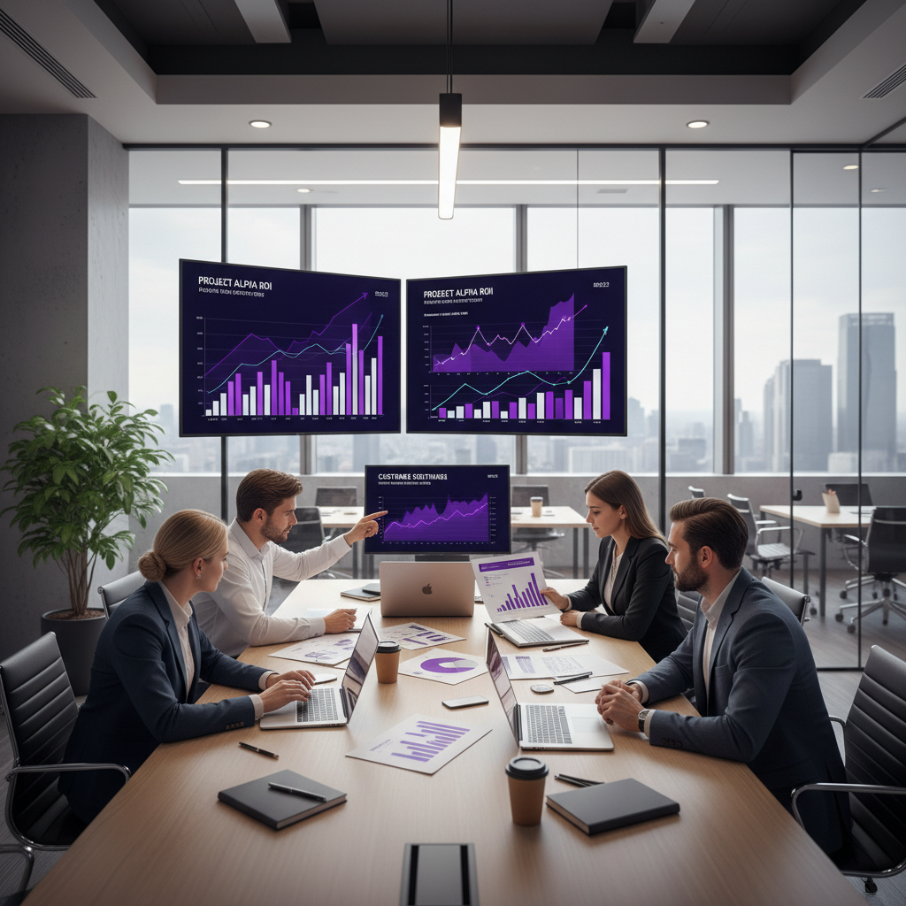 A professional business meeting scene with entrepreneurs reviewing ROI calculations and custom software proposals on lap