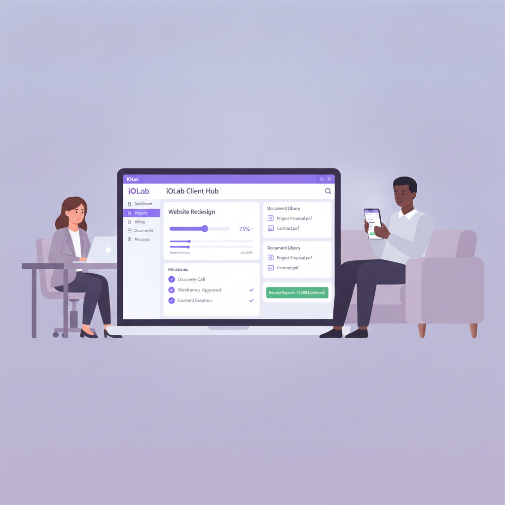 A professional illustration showing a small business owner reviewing a branded client portal on a laptop screen, with a 