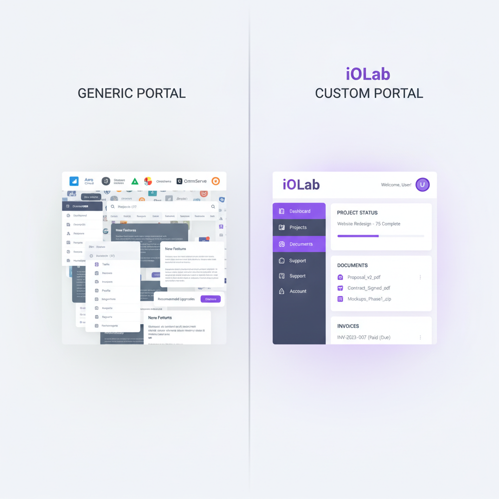 A split-screen comparison illustration. On the left: a cluttered generic SaaS client portal with multiple vendor logos, 