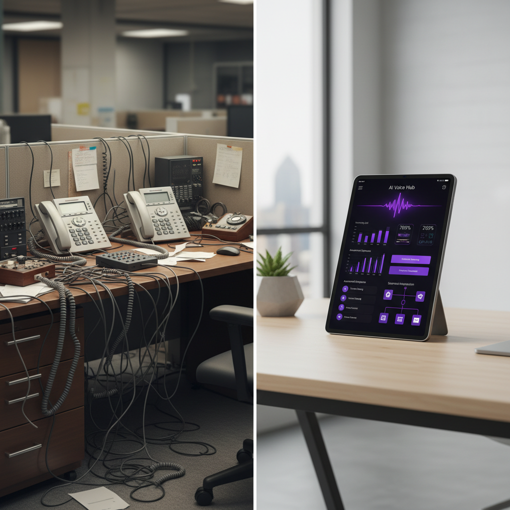 A split-screen comparison showing a cluttered traditional office phone system with multiple handsets and wires on the le
