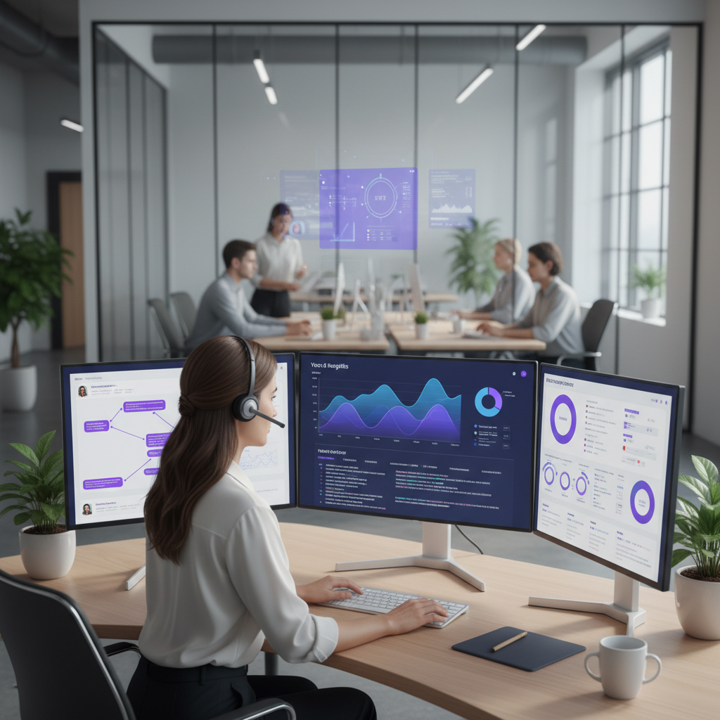 A modern small business owner wearing a headset, sitting at a desk with multiple screens showing voice AI analytics, cal