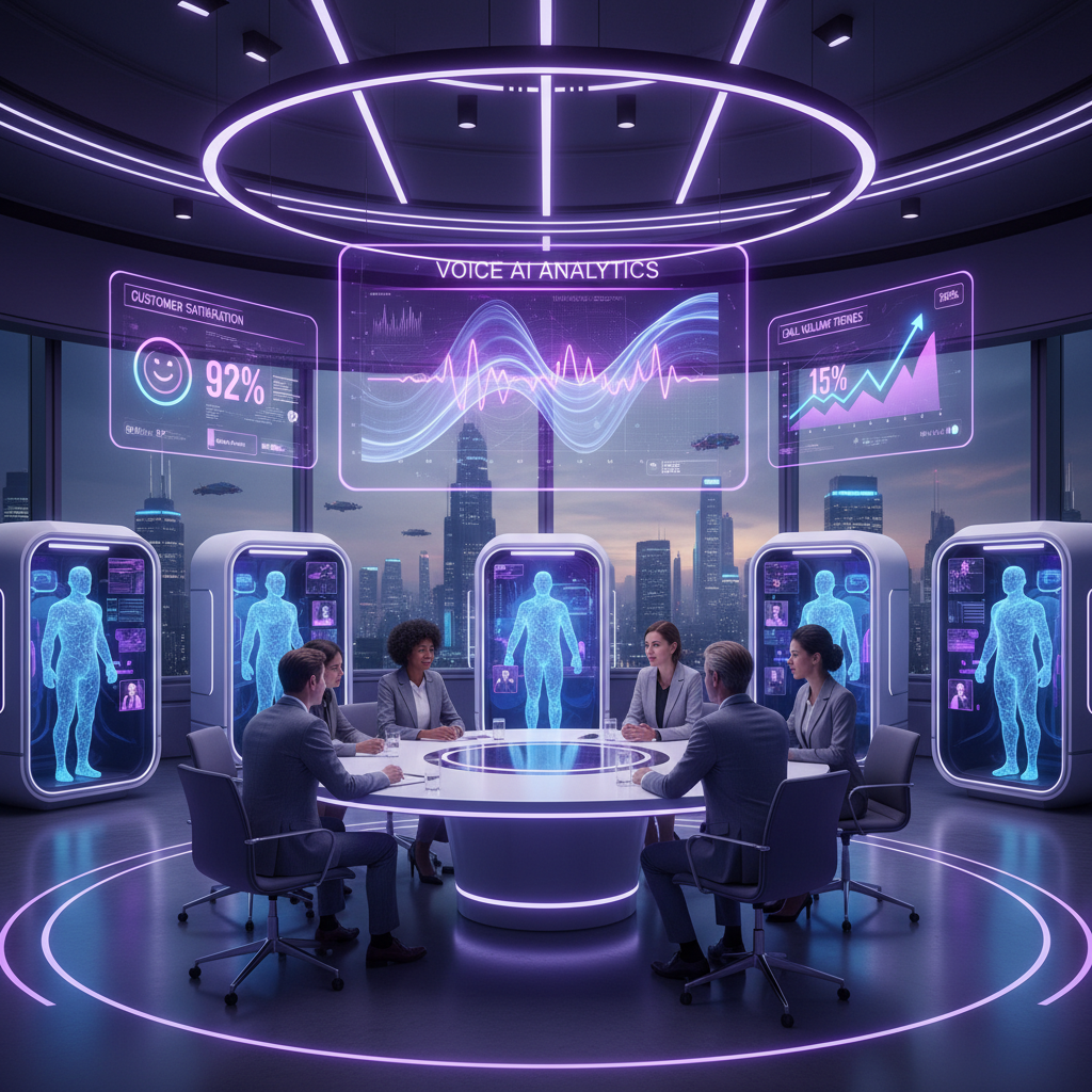 A futuristic business communication center with holographic displays showing voice AI analytics, customer satisfaction m