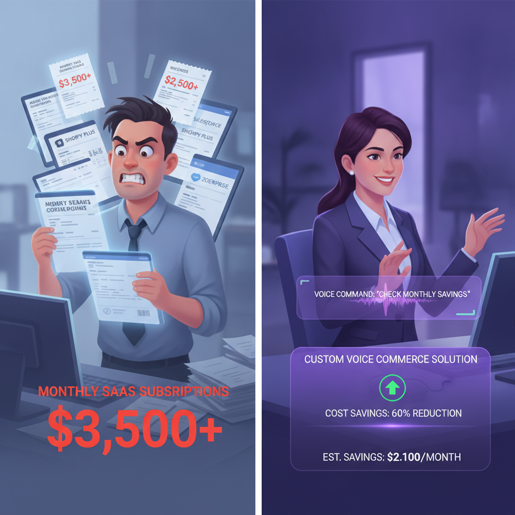 A split-screen comparison showing a frustrated small business owner looking at expensive SaaS subscription bills on one 