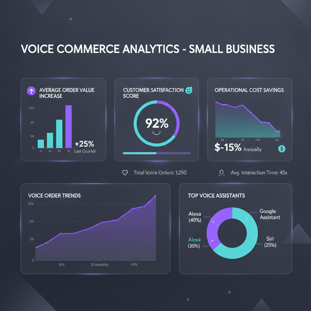 A modern dashboard interface showing voice commerce analytics and metrics for a small business. Display charts showing i