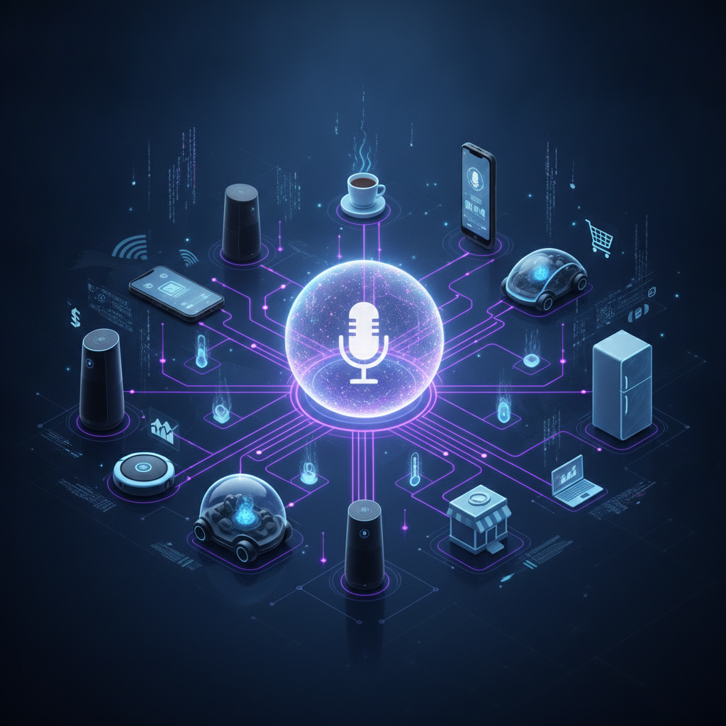 A futuristic illustration showing various connected devices (smart speakers, phones, cars, smart home devices) all conne