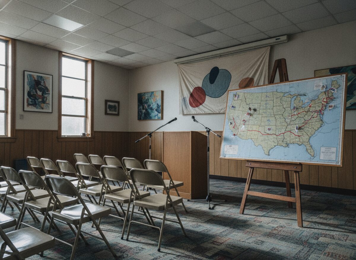 Press photo: a union hall podium beside a hand-painted Welcome banner, with a road map on an easel marked with a route connecting only early-primary battleground states
