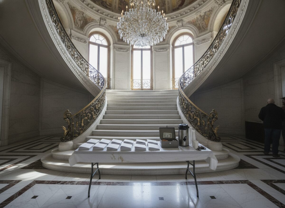 Press photo: a marble mansion foyer with a grand staircase, at its base a folding banquet table stacked with campaign donation envelopes and a small cash box