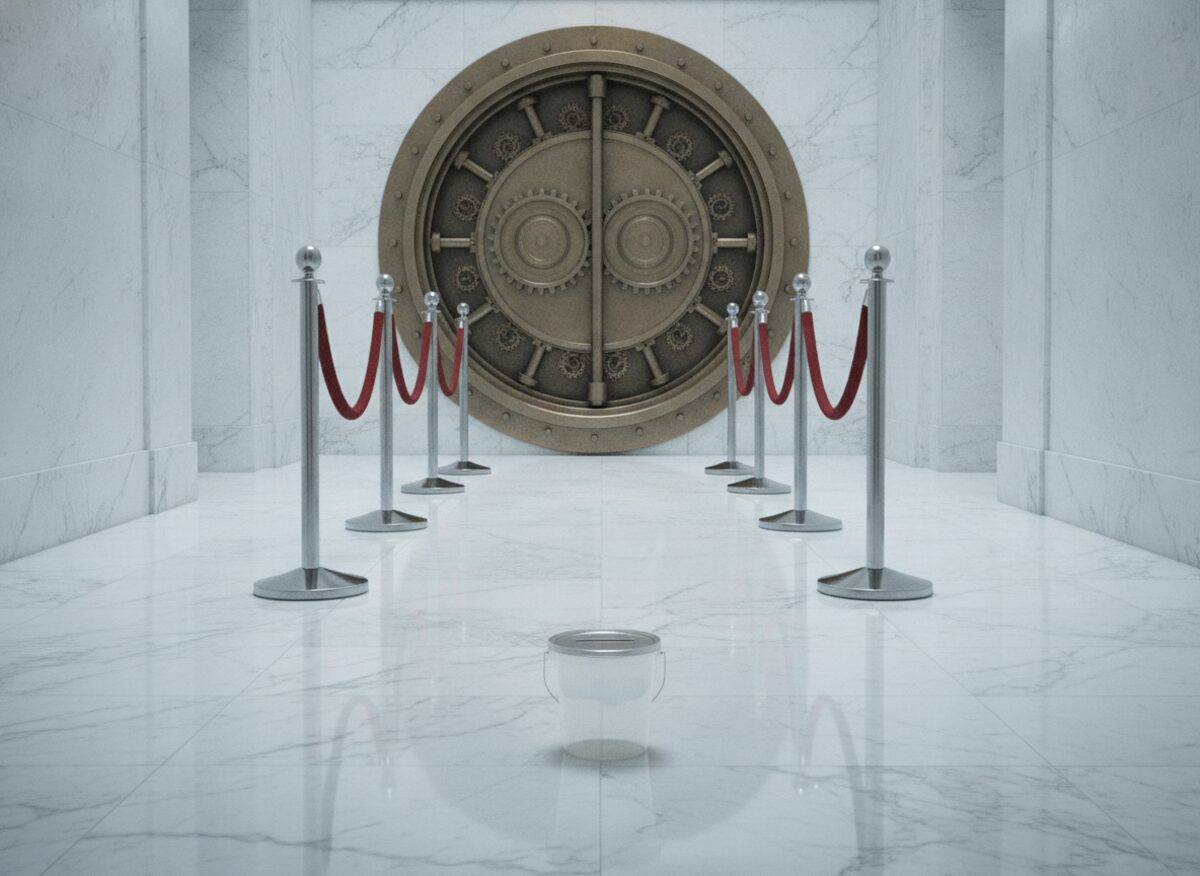 Press photo: a giant ornate vault door standing ajar in a party headquarters hallway, a single small empty donation bucket placed in front of it