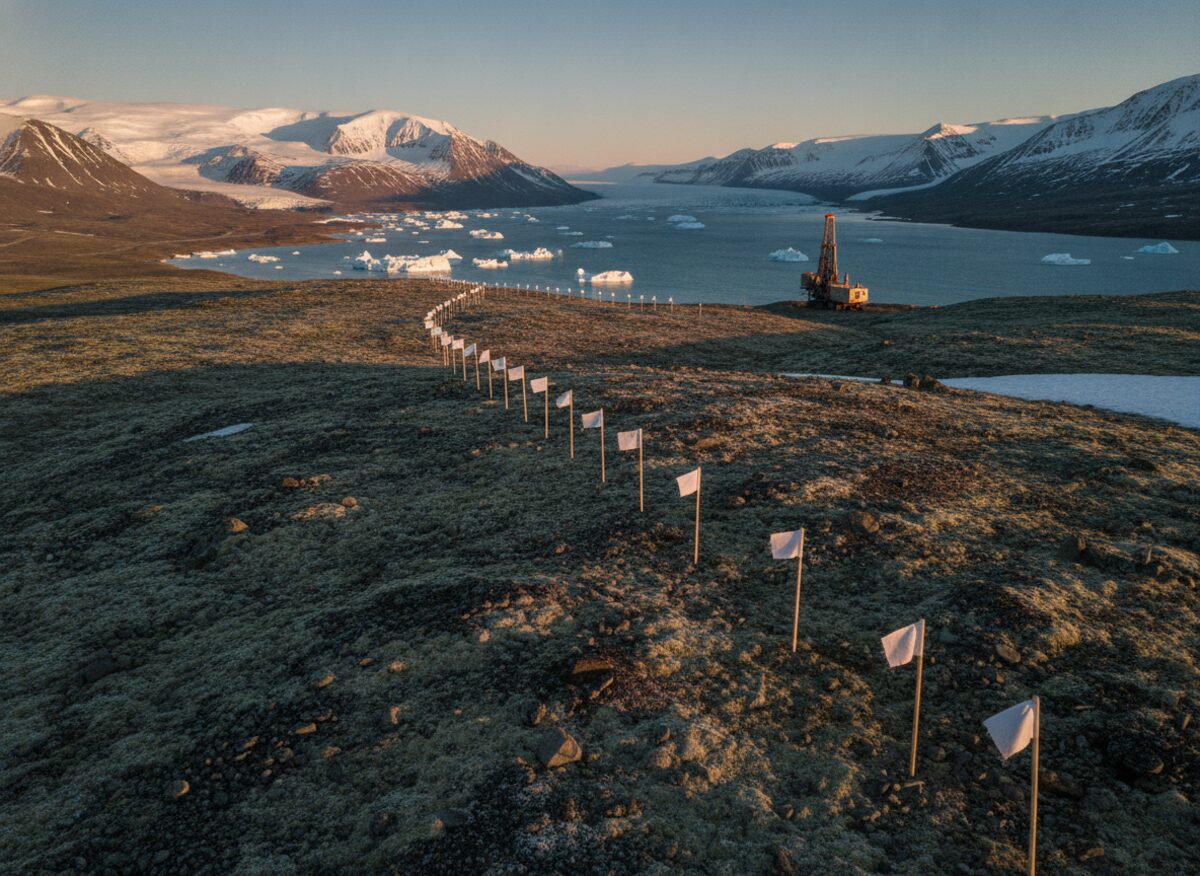 Press photo: surveyor stakes with small flags dotting a vast Arctic tundra toward an icy fjord, a lone parked drilling truck in the distance