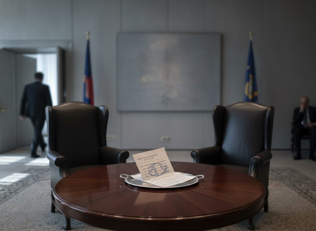 Press photo: two empty negotiation chairs facing each other across a small table on which sits a single oversized paper invoice on a silver serving tray