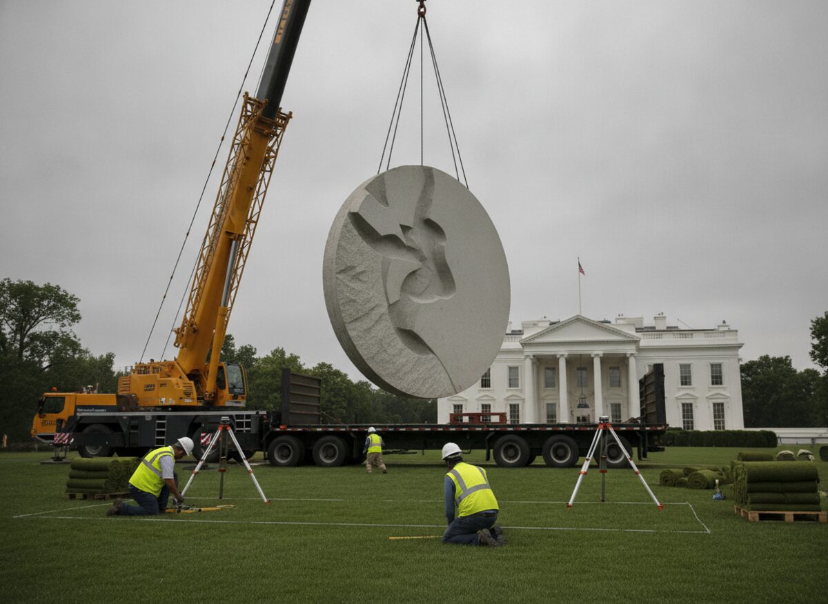 Press photo: a crane hoists an enormous half-carved granite presidential seal off the White House lawn onto a flatbed truck as landscapers measure the grass slope