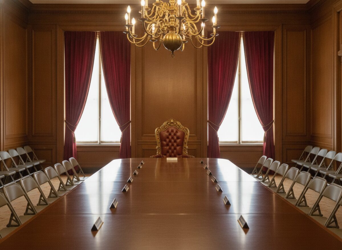Press photo: a long mahogany conference table with one oversized gilded chair at its head and a row of identical small folding chairs down each side
