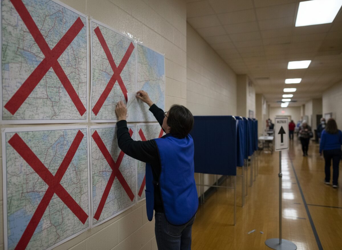 Press photo: a polling place hallway where a worker tapes a fourth corrected district map over three older crossed-out maps on the wall