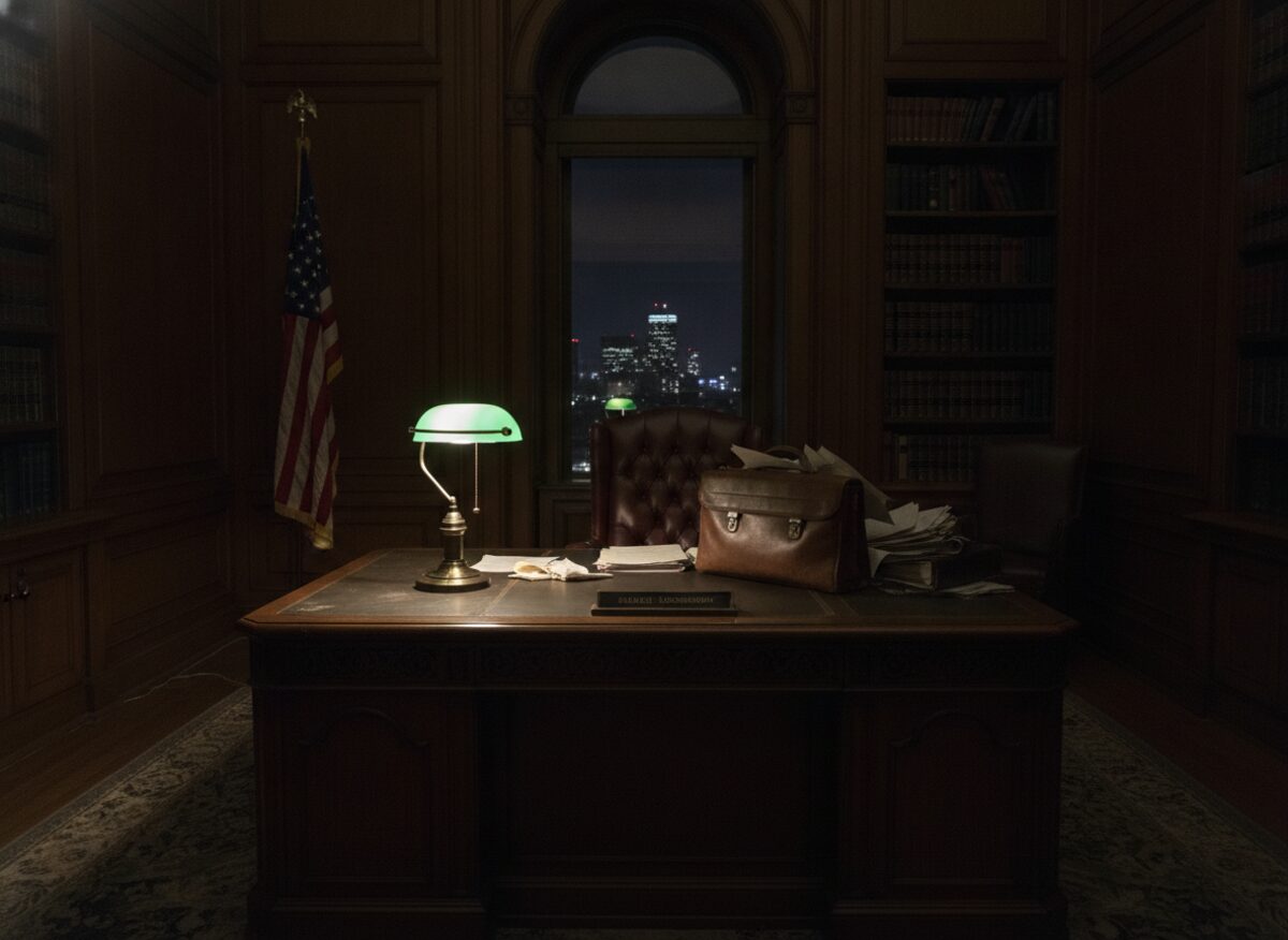 Press photo: a briefcase resting on the Attorney General's desk chair in an empty grand office, an engraved nameplate on the desk turned face-down