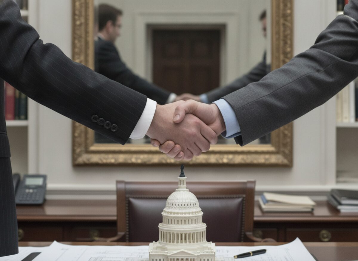 Press photo: two hands from opposite sides of the frame shaking over the Capitol dome model, both with fingers visibly crossed behind their backs reflected in a mirror