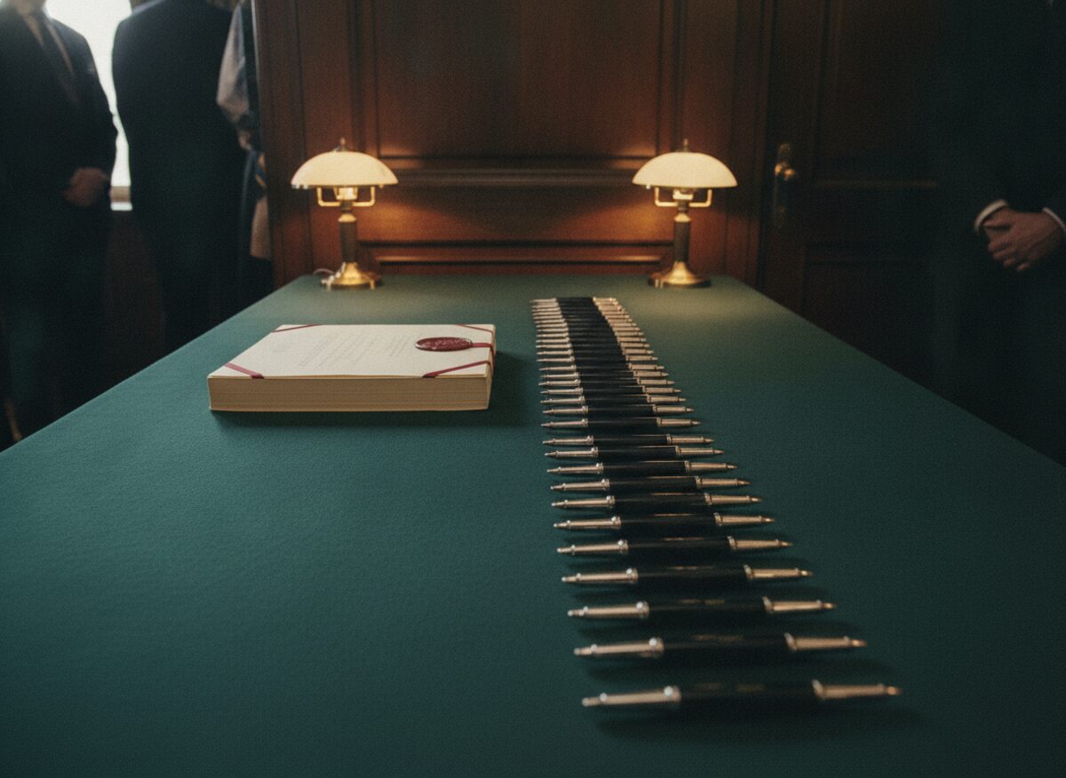 Press photo: nineteen identical fountain pens arranged in a perfect row on a signing table before a single endorsement document