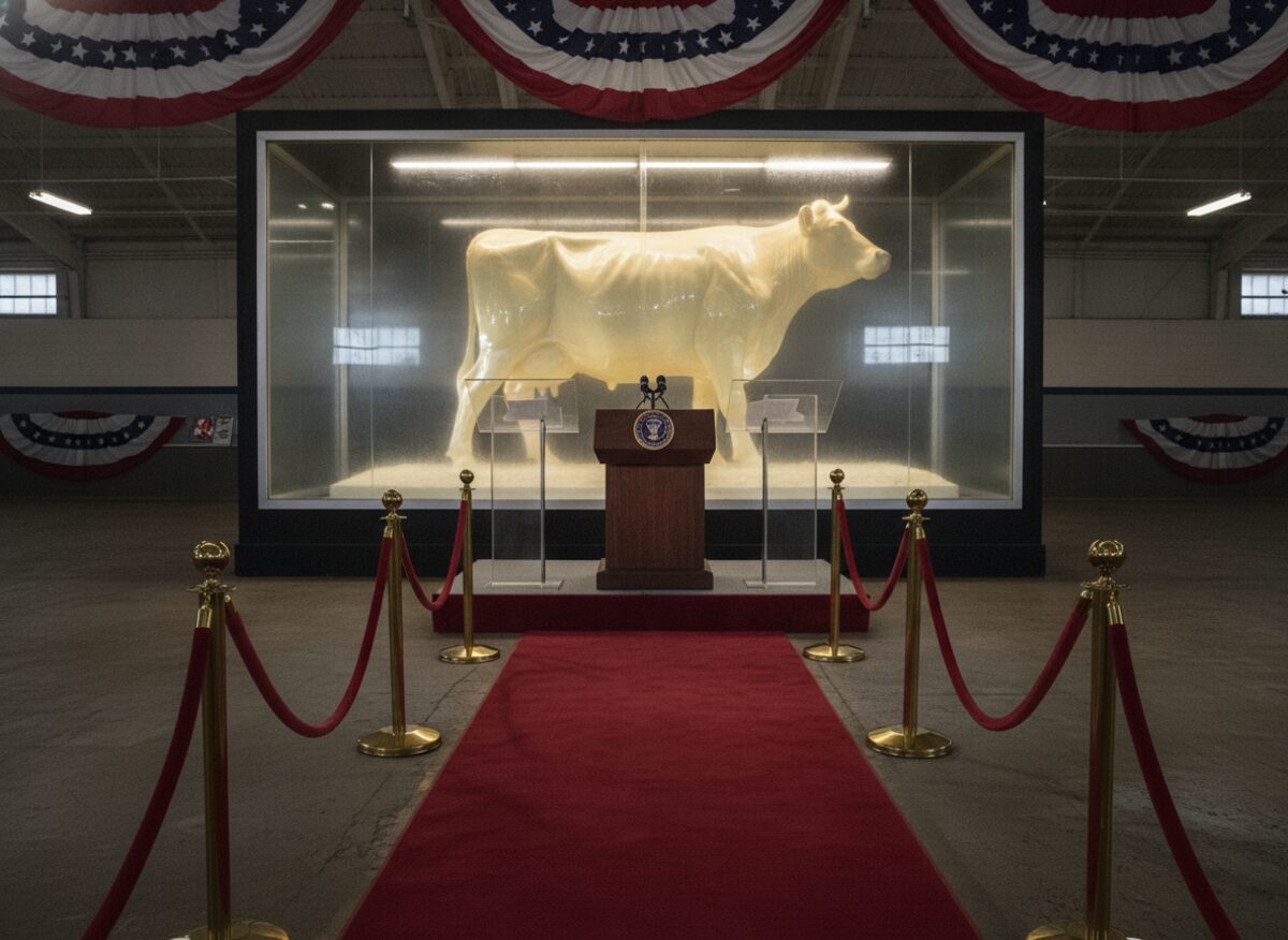 Press photo: a life-size butter cow in a refrigerated glass case faces a presidential-style podium with teleprompters inside a state fair dairy building