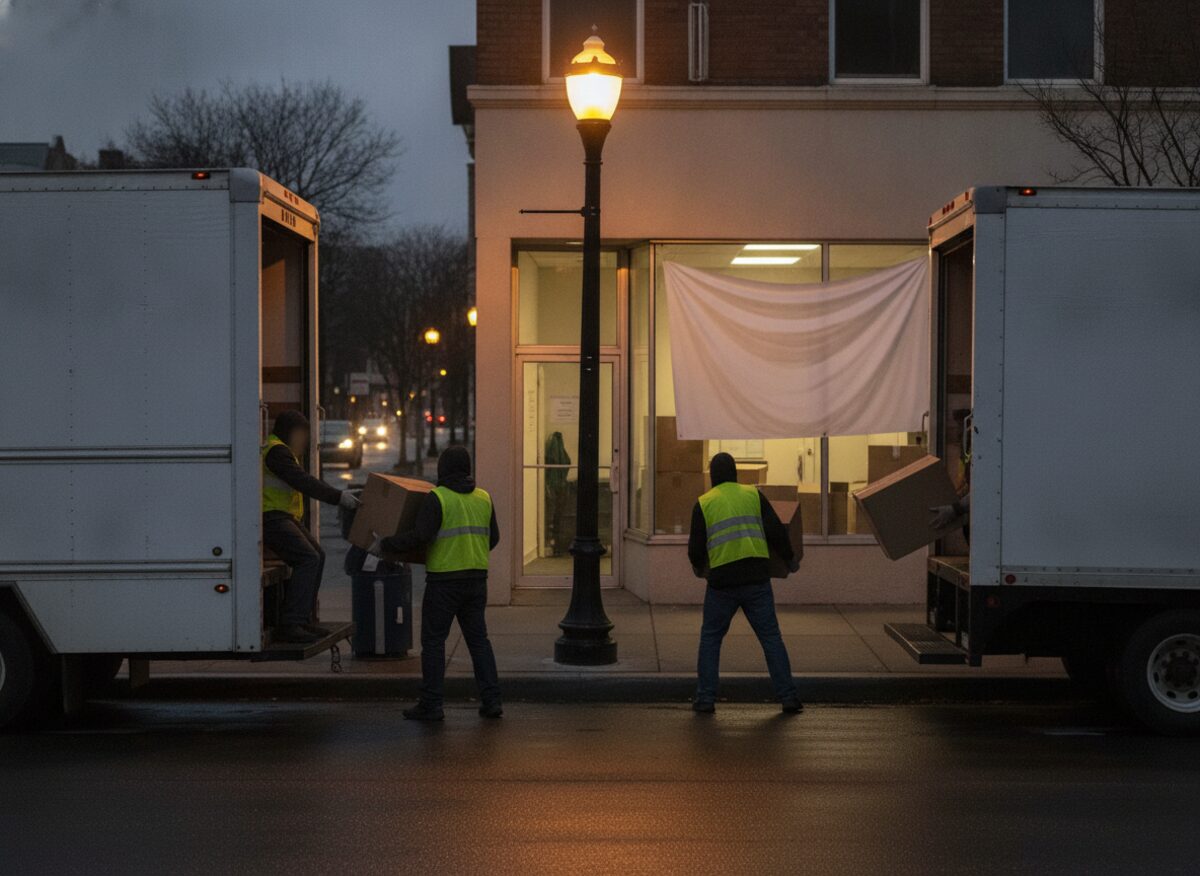 Press photo: two moving trucks parked nose-to-nose outside a storefront campaign office, one being loaded and one being unloaded with identical boxes