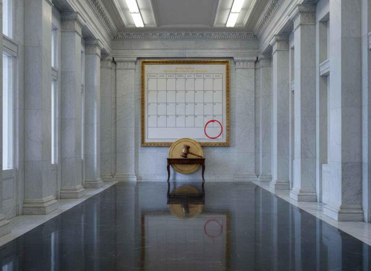 Press photo: an enormous blank wall calendar in a marble Senate hallway with one square circled in red marker, a gavel resting on a giant coin on the table beneath