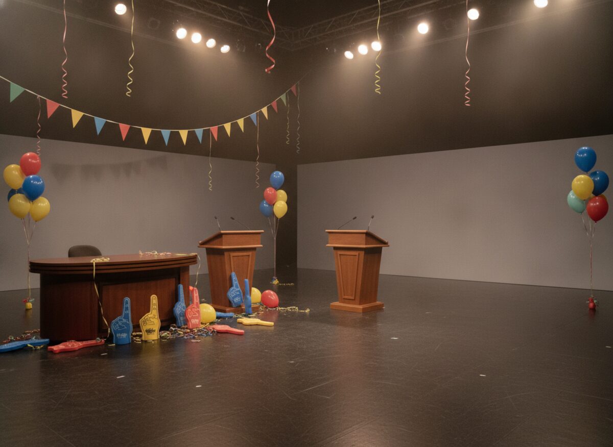 Press photo: a television debate stage where the moderator's desk is pushed against one lectern, that half of the stage decorated with foam fingers and pennants while the other half is bare