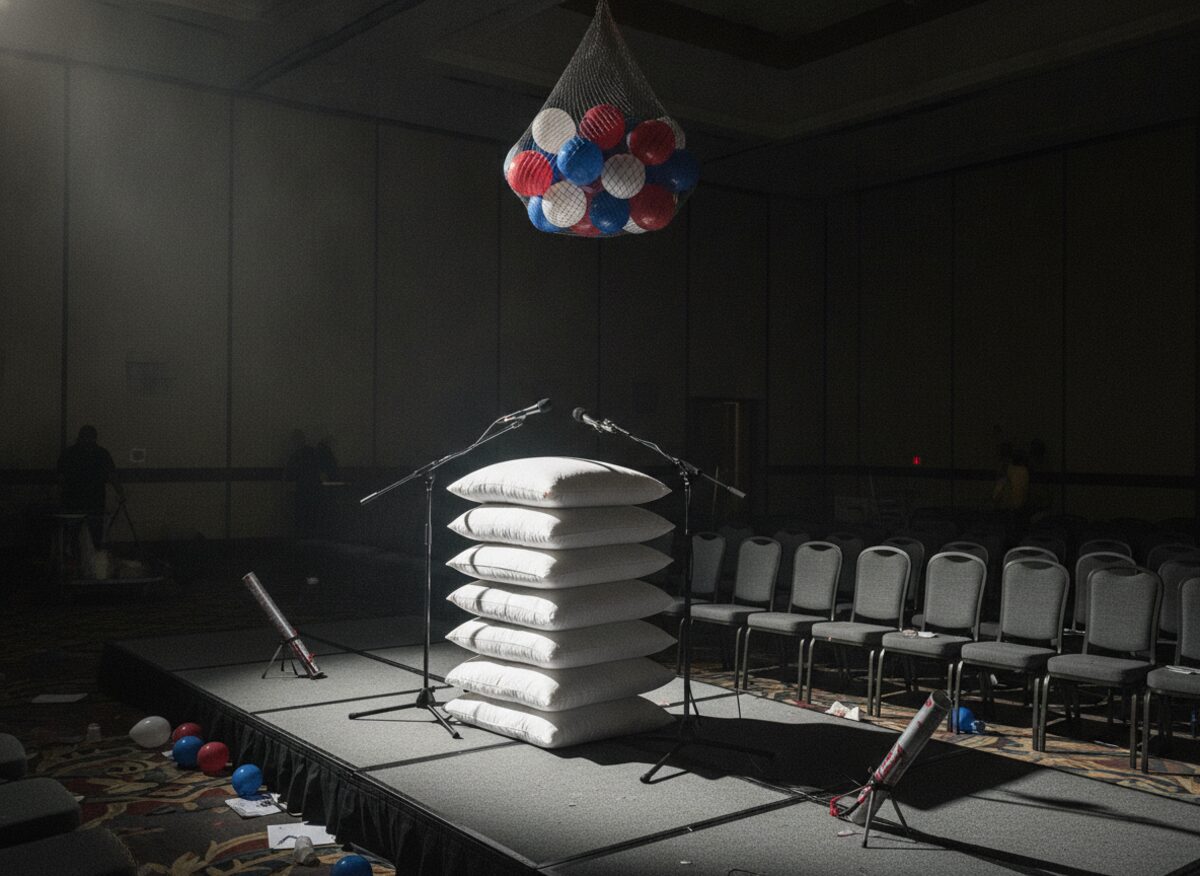 Press photo: an election-night ballroom with a concession podium built entirely from stacked white pillows, balloons still trapped in a ceiling net overhead