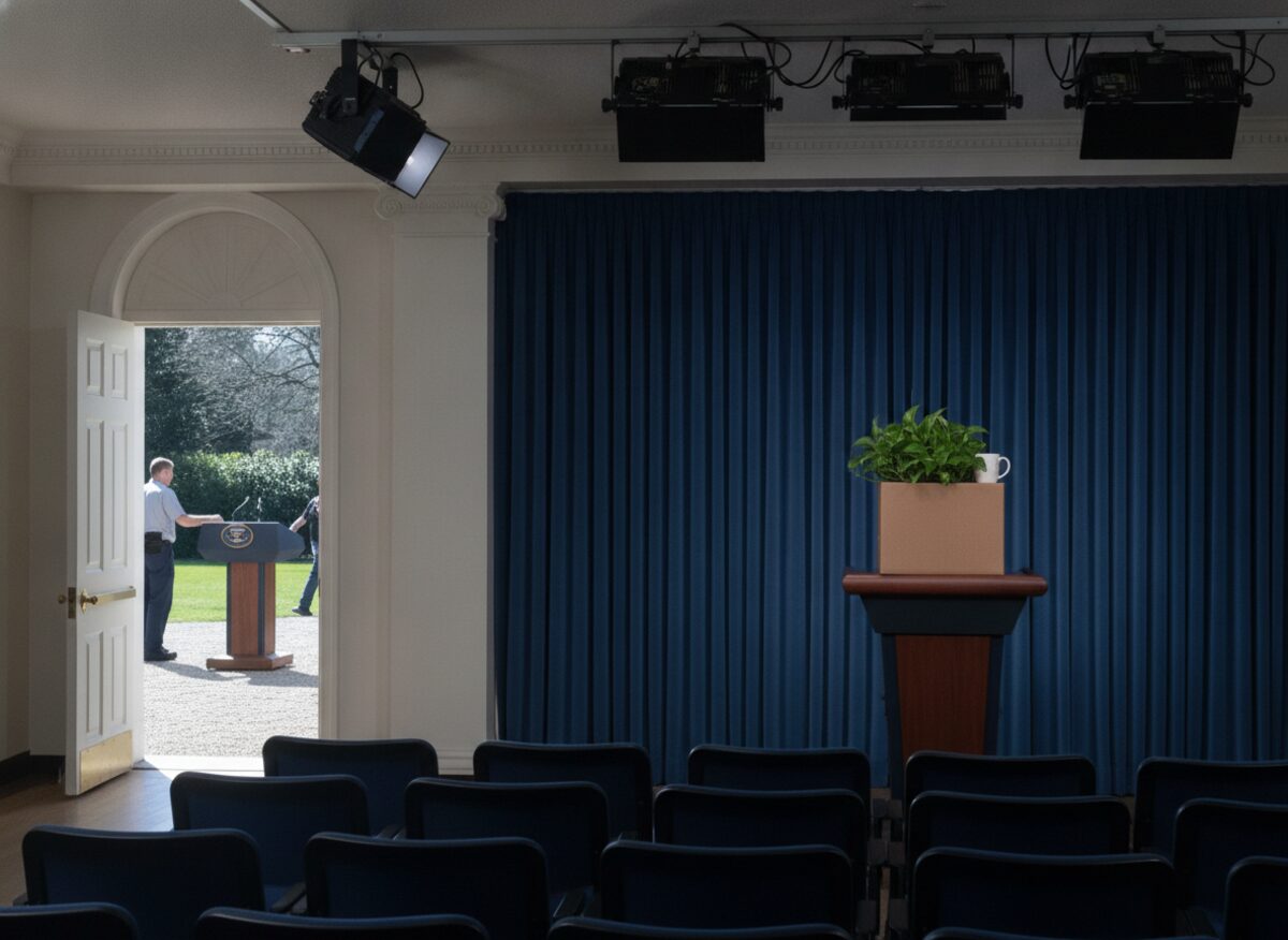 Press photo: the empty White House briefing room podium holding a single cardboard moving box, with an identical podium visible outside on the driveway through the open door