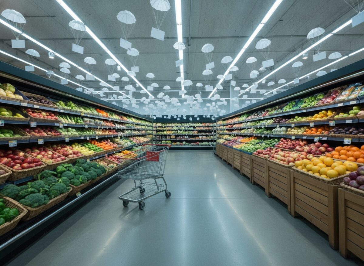 Press photo: blank price tags hanging from tiny toy parachutes suspended in mid-air above supermarket produce shelves, a single shopping cart alone in the aisle