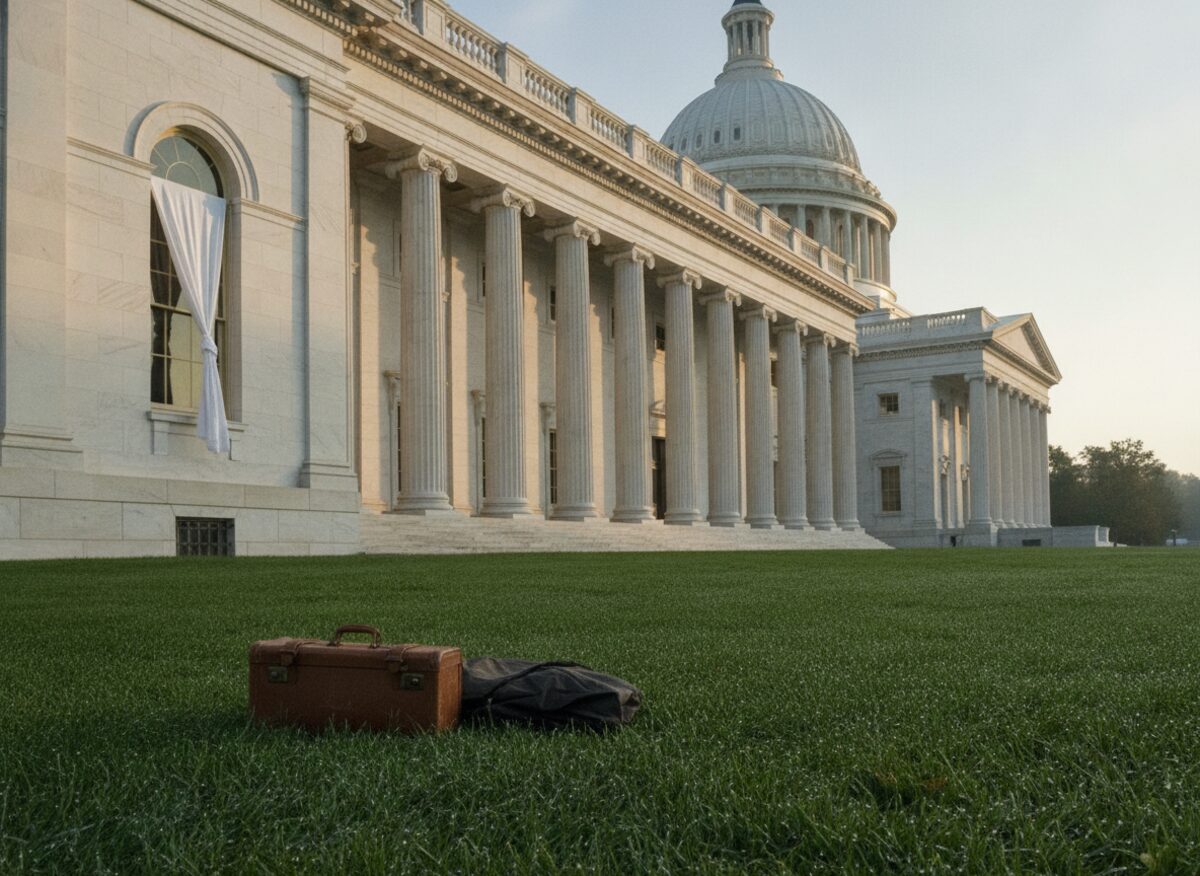 Press photo: a knotted rope of bedsheets hanging from a second-story window of a grand marble government building, a packed suitcase waiting on the lawn below