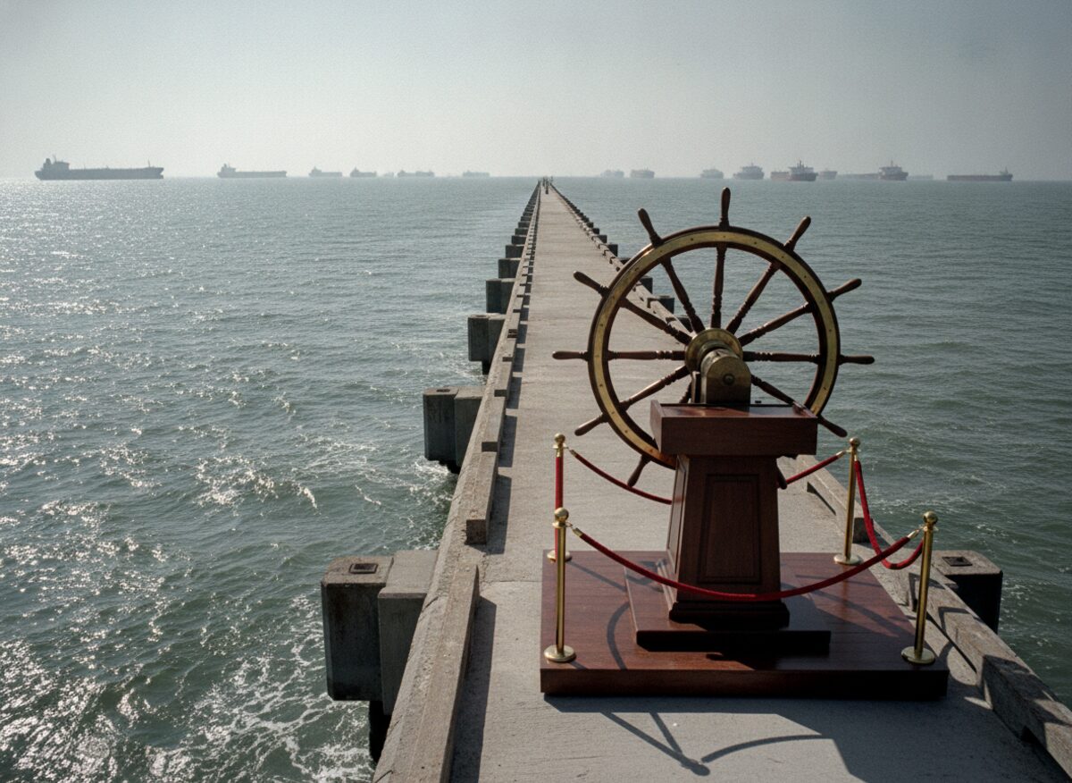 Press photo: an enormous ship's wheel mounted on a podium at the end of a pier, with a distant queue of motionless oil tankers on the hazy horizon