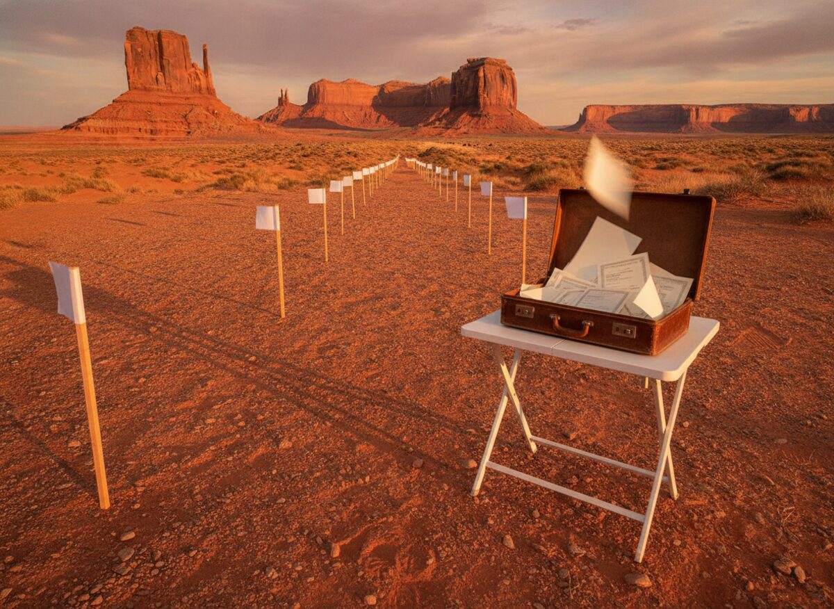 Press photo: surveyor stakes marching across red-rock desert toward sandstone buttes, with a briefcase of blank stock certificates open on a folding table in the foreground