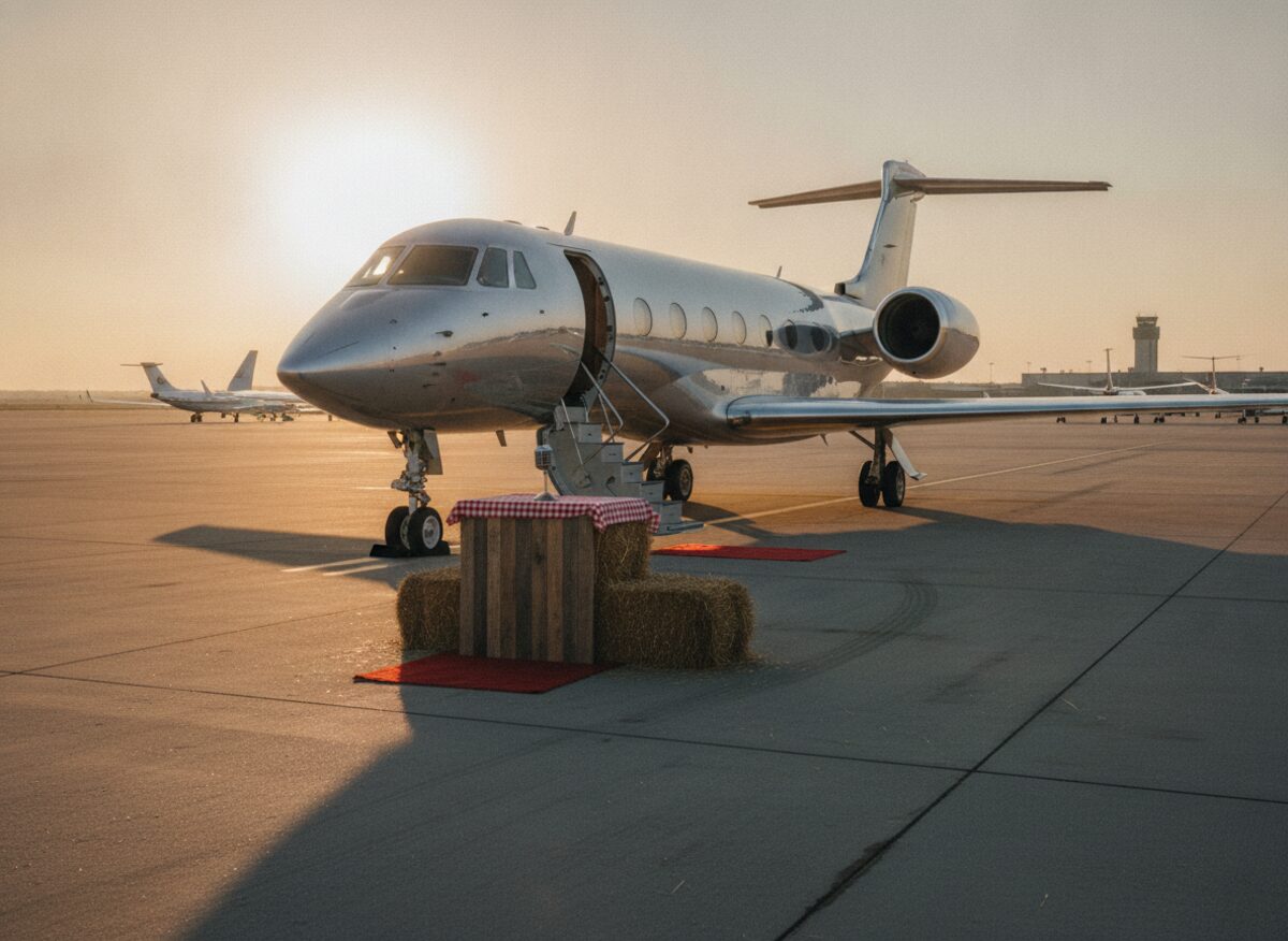 Press photo: a folksy podium built from hay bales and barn wood at the base of a private jet's staircase, connected to the jet by a short red carpet