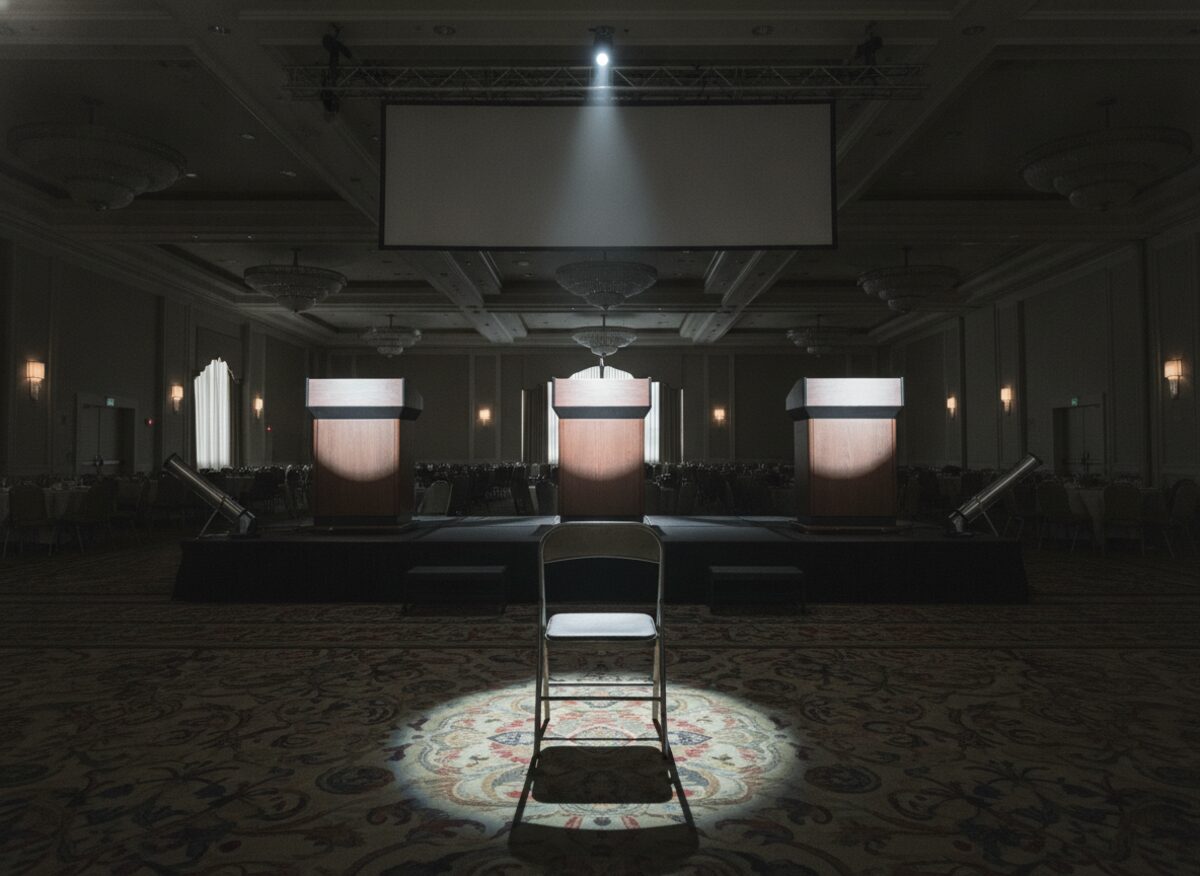Press photo: three identical podiums under three spotlights on a convention stage, all angled toward one empty folding chair alone on the vast ballroom floor