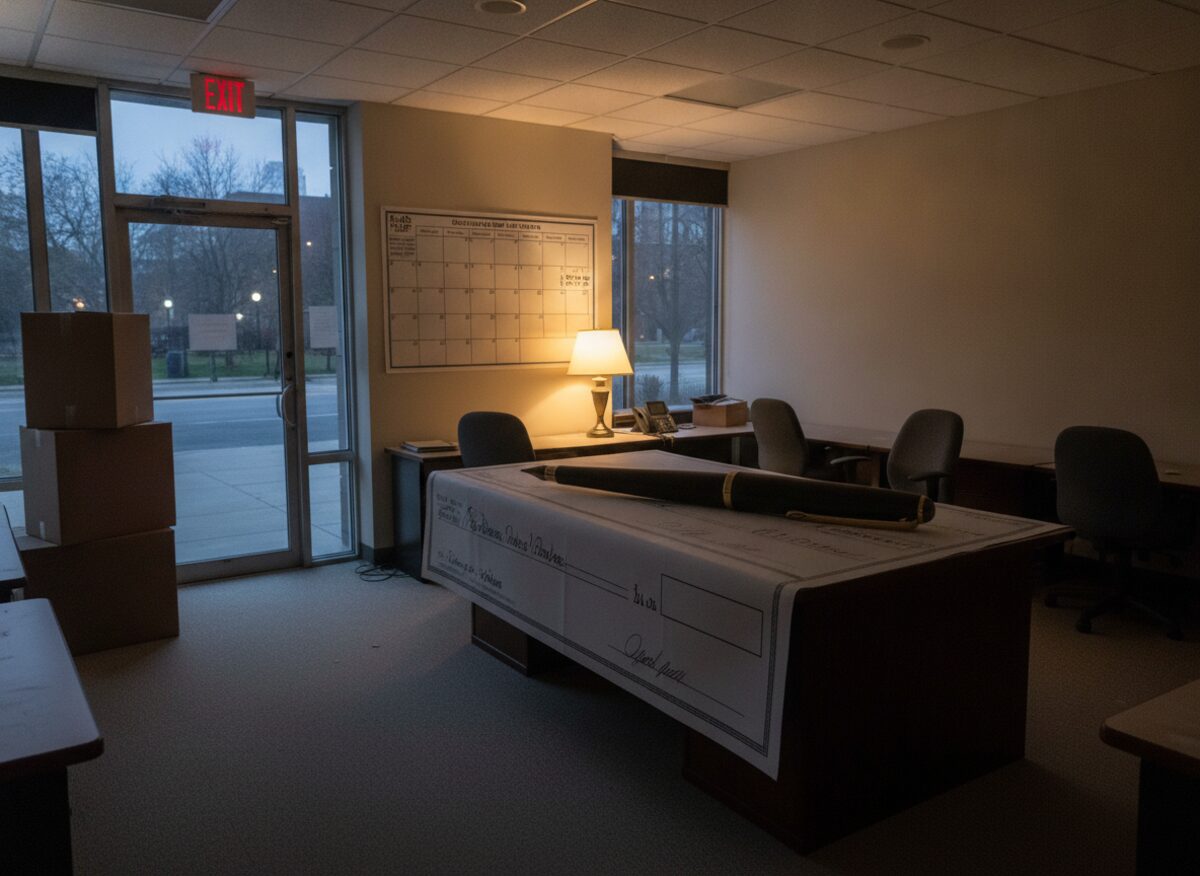 Press photo: an enormous open checkbook draped across a campaign office desk like a tablecloth with a giant fountain pen resting on the blank check, moving boxes by the door