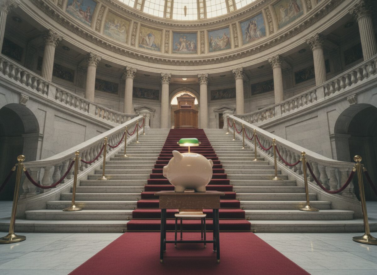 Press photo: a red carpet running from an ornate podium at the top of a capitol staircase down to a small school desk holding an oversized ceramic piggy bank