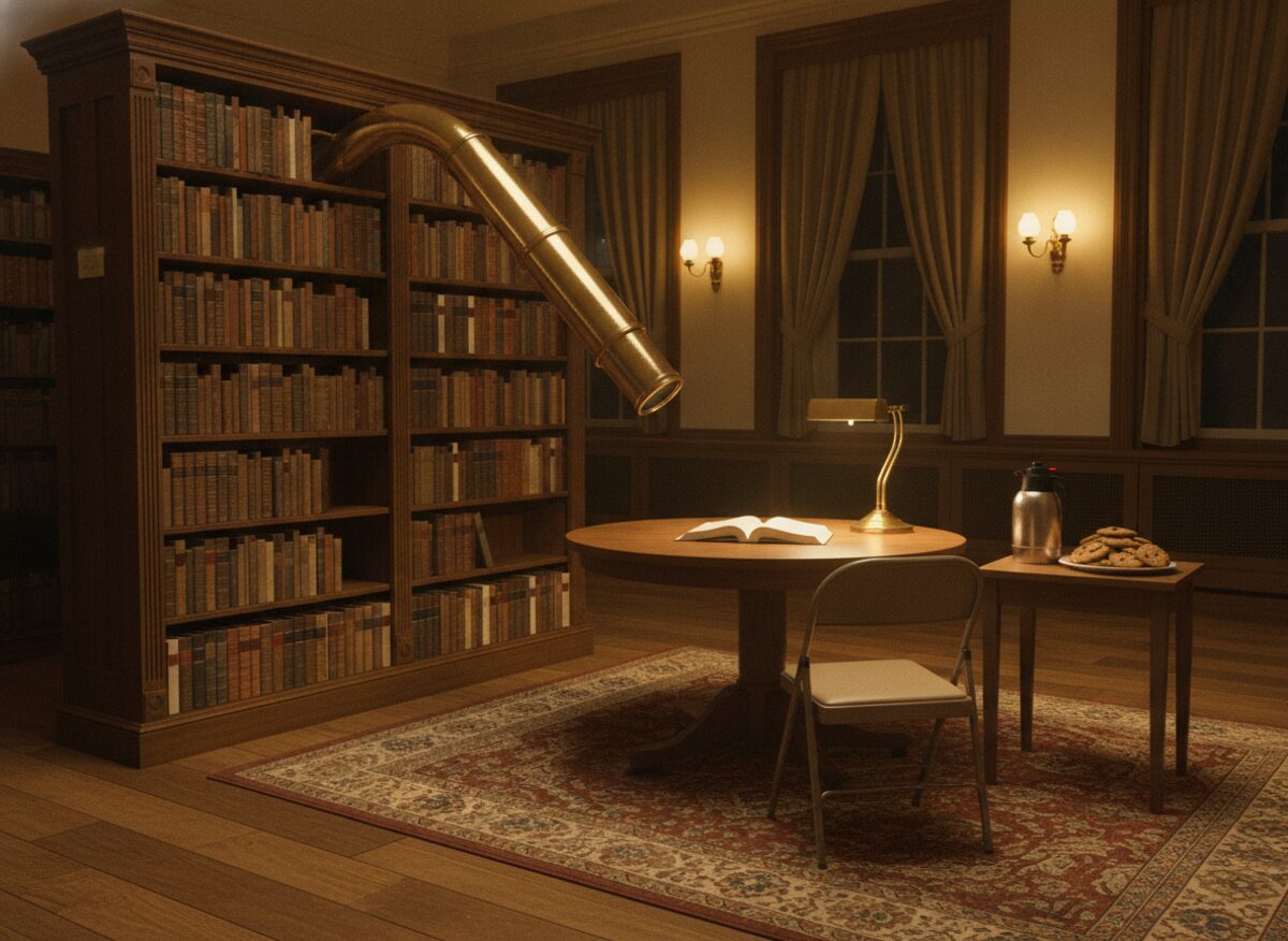Press photo: a comically oversized brass periscope rising from behind a library bookshelf to aim at an empty reading table with a single open book and a plate of cookies