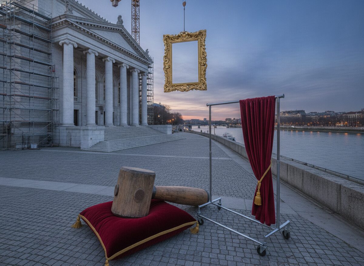 Press photo: an enormous gilded picture frame suspended by crane over the entrance of a white marble arts center, with a monumental chisel and mallet resting on a cushion below