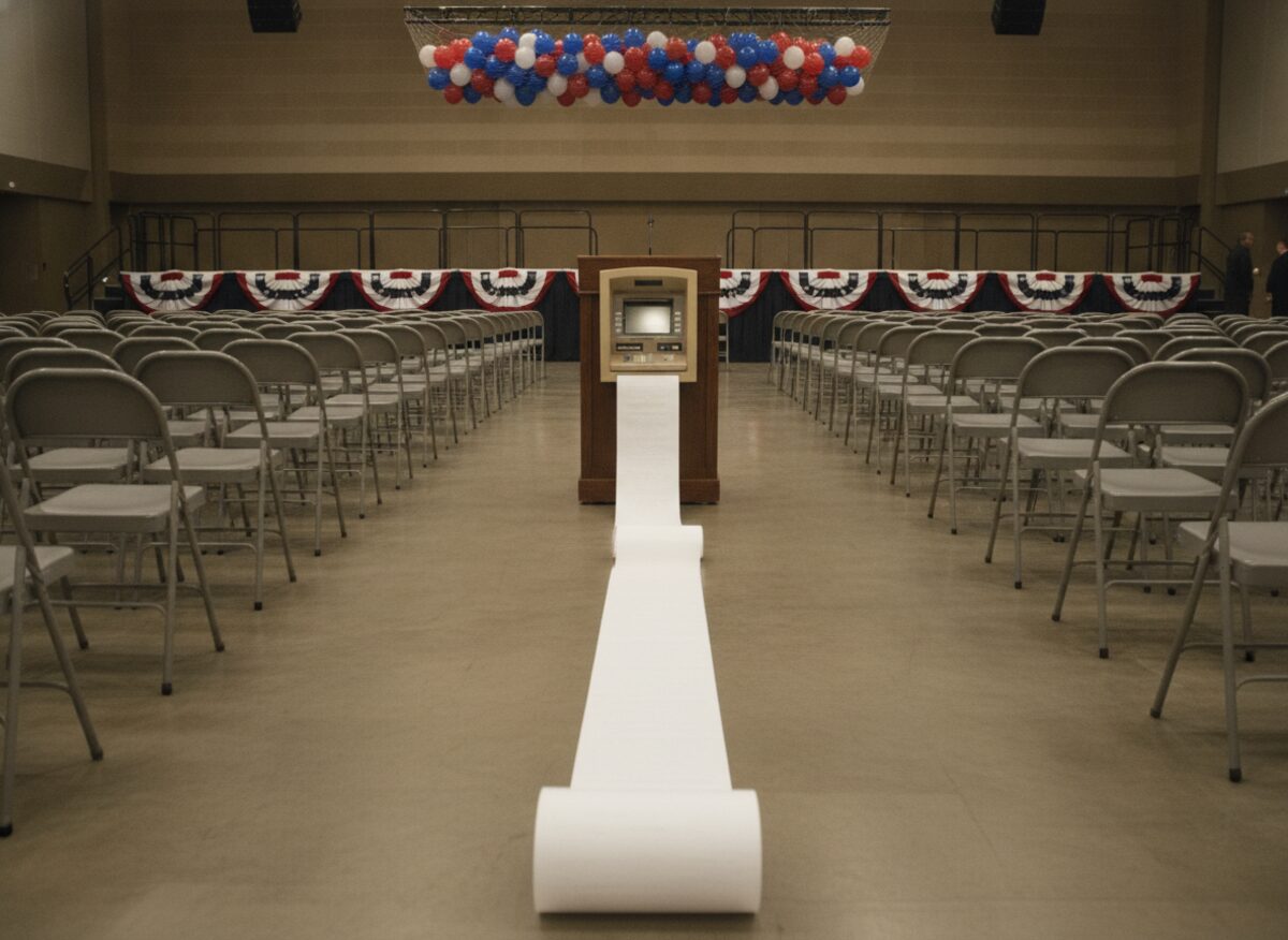 Press photo: a vintage bank ATM built into a wooden lectern on a bunting-draped stage, an impossibly long blank receipt spooling down the steps and up the aisle