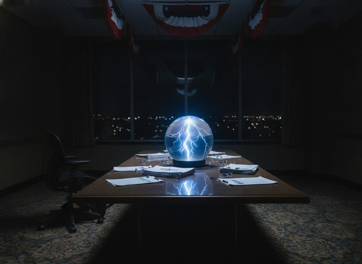 Press photo: a large crystal ball containing a miniature thunderstorm glowing on a campaign war-room conference table strewn with blank reports, one office chair tipped over