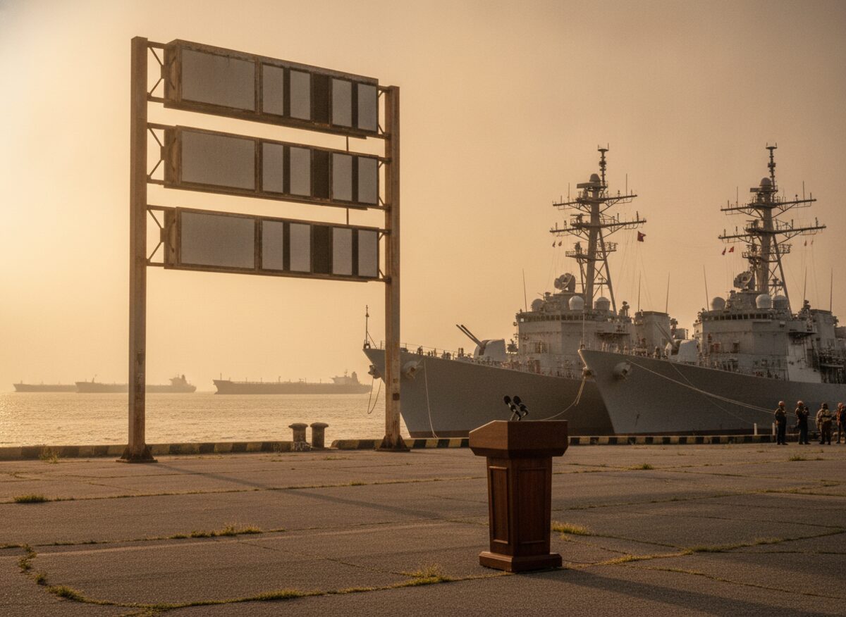 Press photo: a towering blank gas-station price sign rising above gray warships at a naval pier, with a presidential podium at its base facing the sign