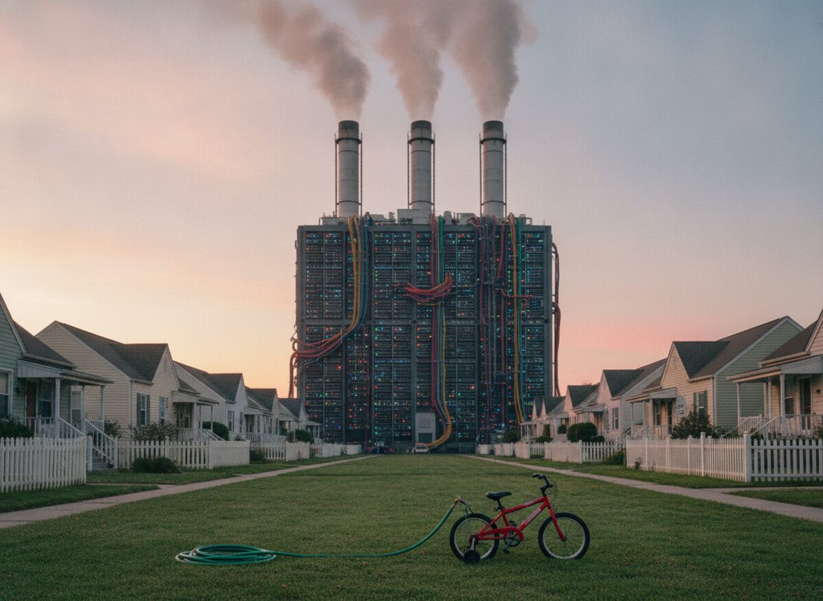 Press photo: a colossal computer server rack the size of a factory crowned with three smokestacks looming behind the back fences of a street of small tidy houses at dawn