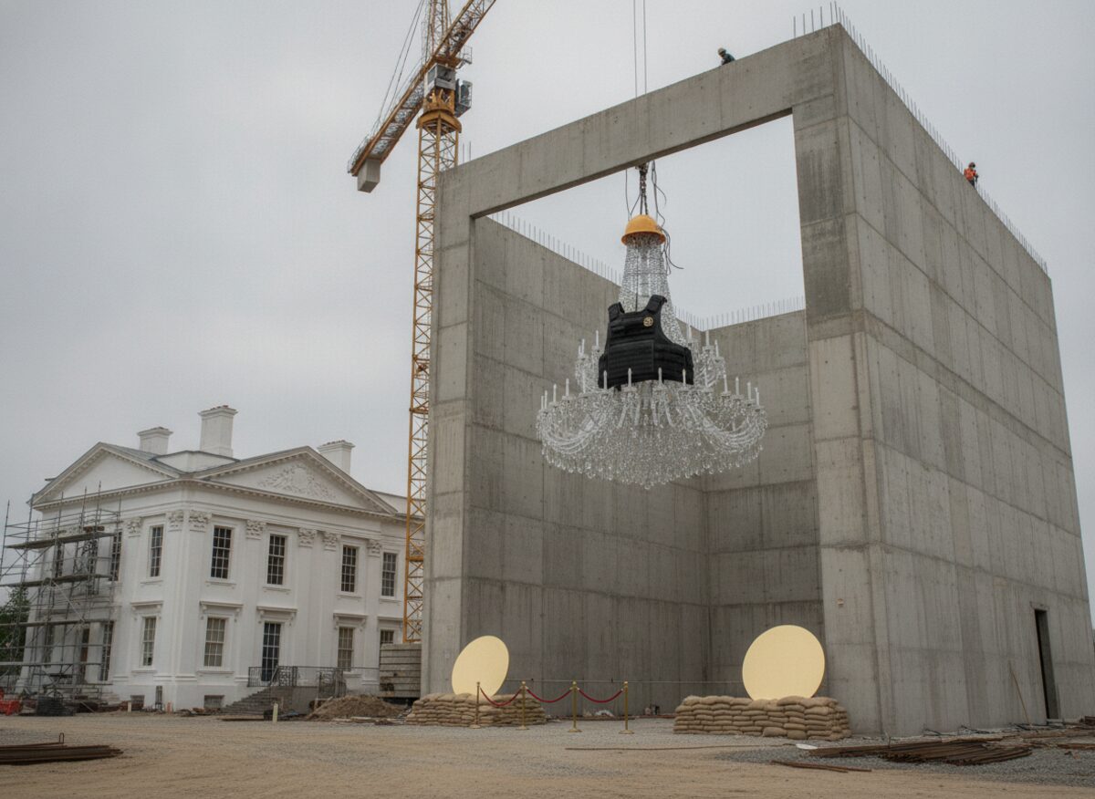 Press photo: a colossal crystal chandelier wrapped in a bulletproof vest hangs from a construction crane above the roofless concrete shell of a ballroom, sandbags stacked around a red velvet rope at the entrance
