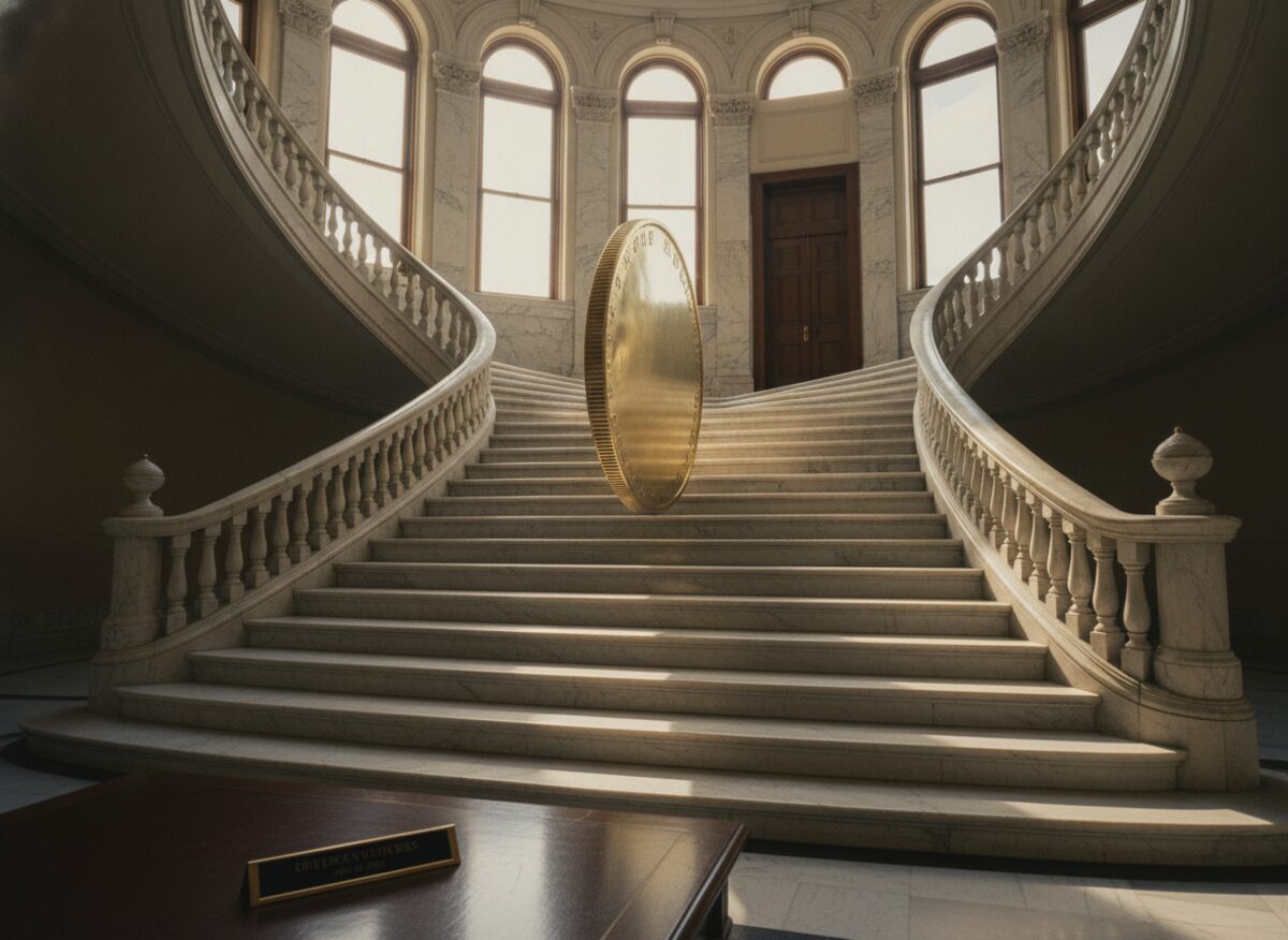 Press photo: a giant blank brass coin balanced mid-roll on a grand marble staircase inside a state capitol, heading toward a closed upper-floor office door, a desk nameplate turned face down