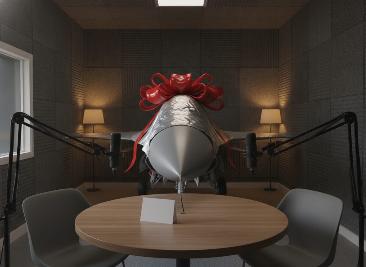 Press photo: a podcast studio with two microphones on a small table, and parked between them a gray fighter jet gift-wrapped with an enormous red bow