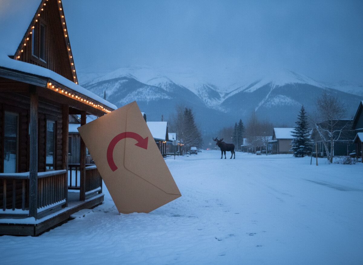Press photo: a sofa-sized manila envelope stamped with a large red return arrow leaning against a snowy log-cabin campaign office, a moose standing in the distance