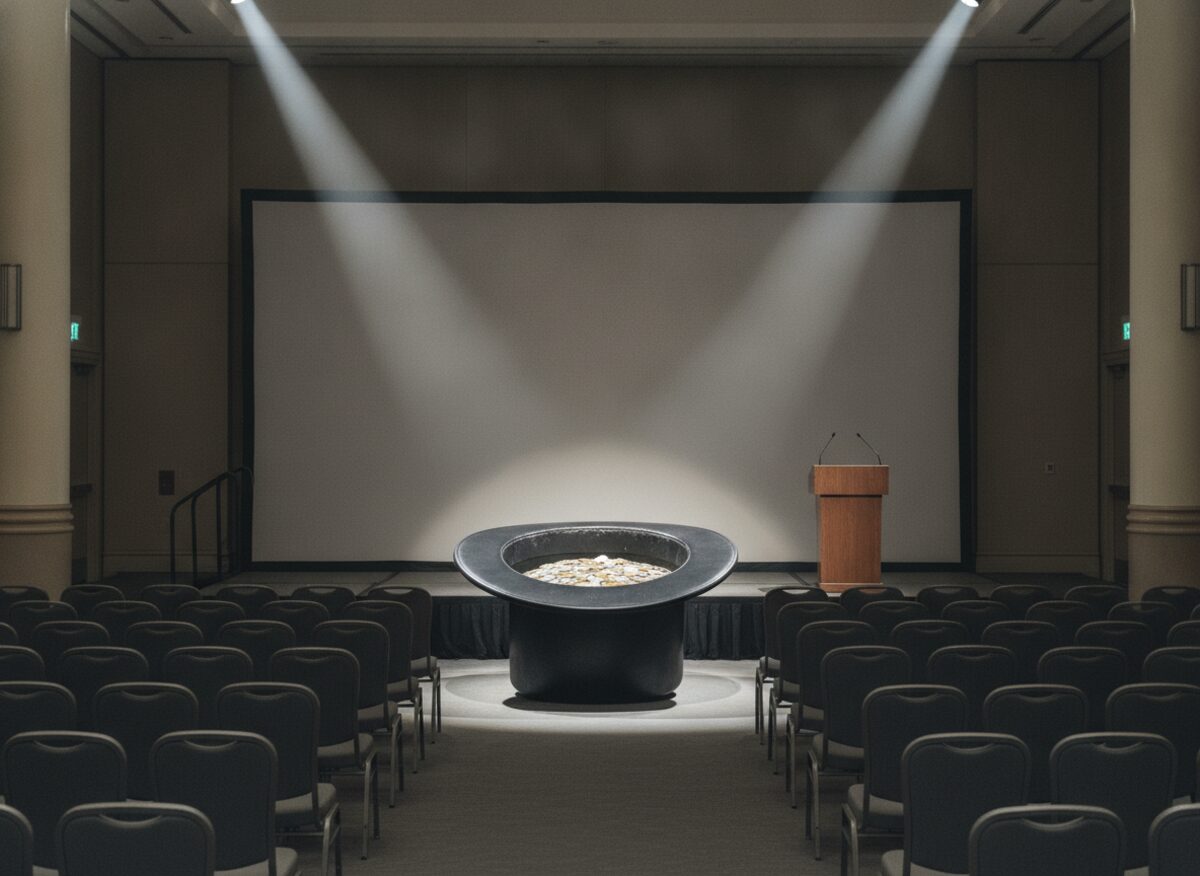 Press photo: an upturned black top hat the size of a hot tub sits center stage in an empty convention hall under spotlights, a few coins glinting inside, rows of empty folding chairs beyond