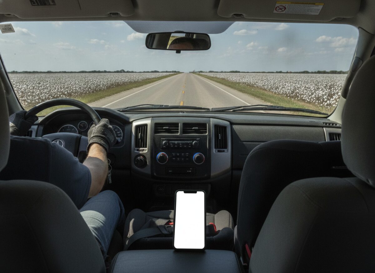 Press photo: seen from the back seat of a pickup truck on a rural highway, a glowing smartphone buckled into a child's booster seat in the passenger seat, only the driver's hands on the wheel