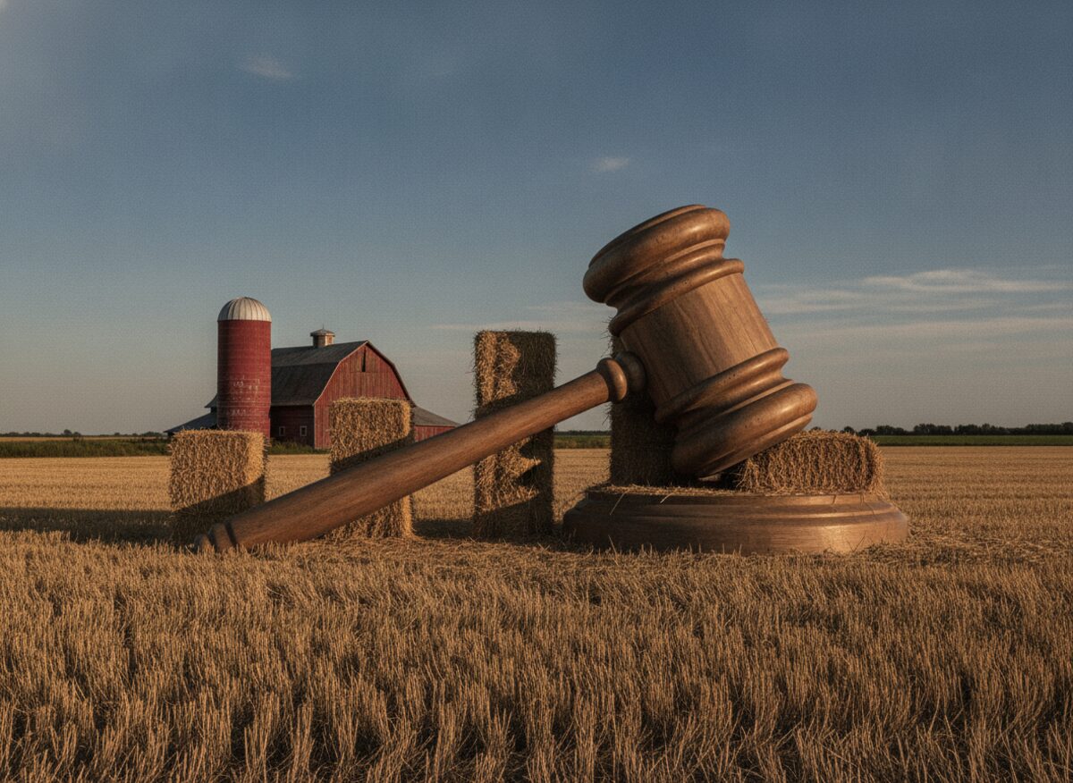 Press photo: a wooden gavel the size of a truck lying across a farm field, having flattened a bar chart built from stacked hay bales, a red barn behind