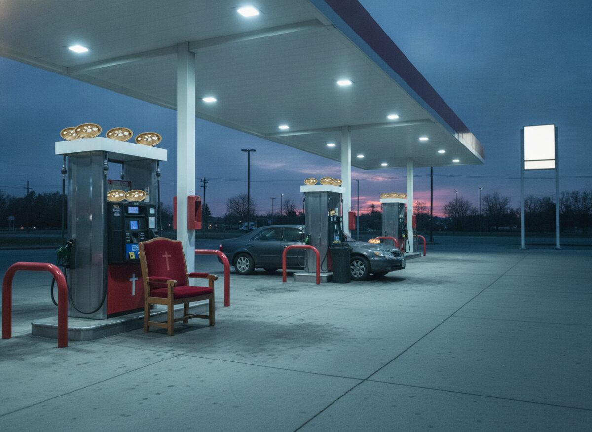 Press photo: a gas station forecourt at dusk where a velvet church kneeler sits before a fuel pump and a brass collection plate rests on top of each pump, the price sign blank