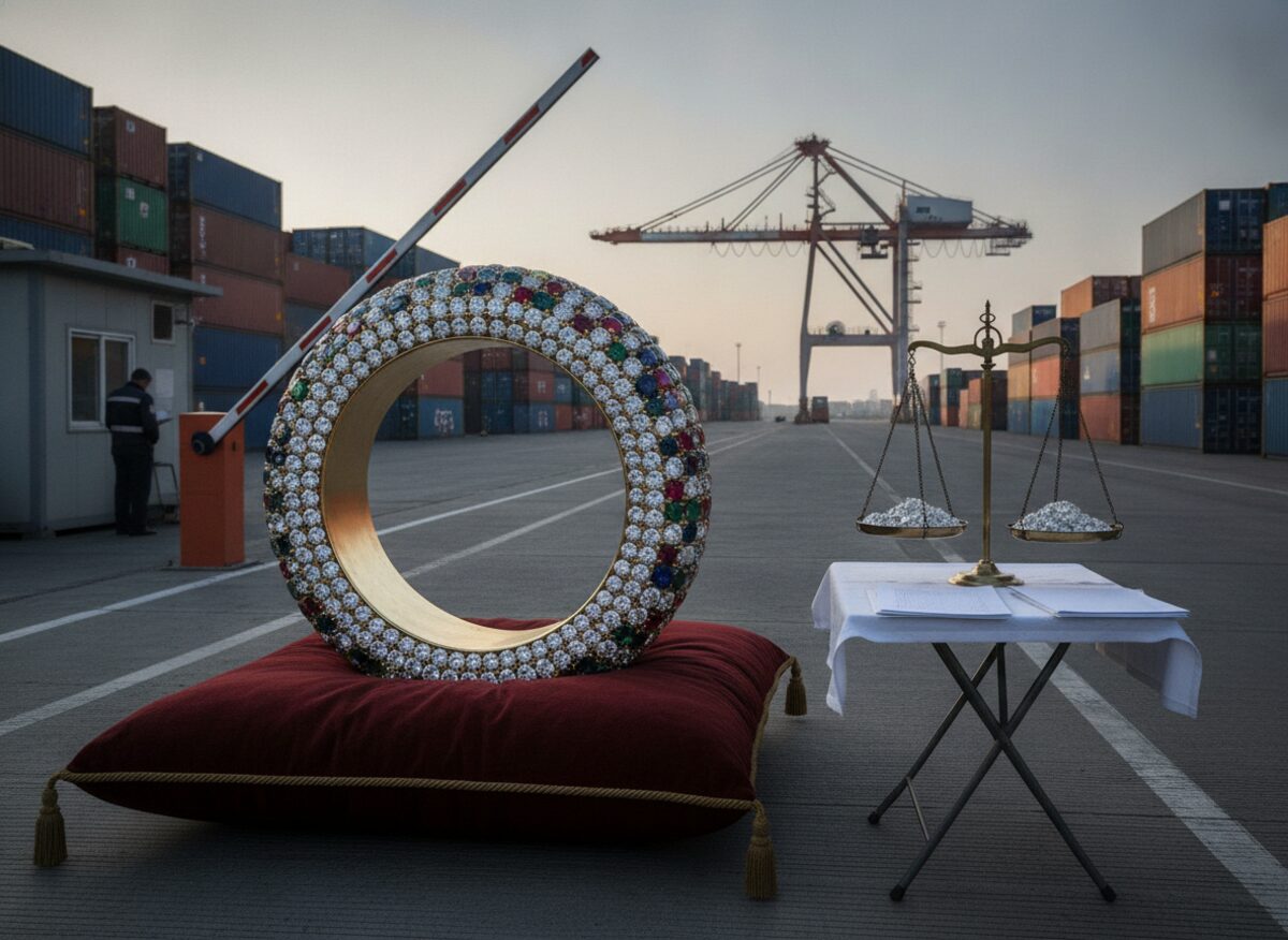 Press photo: a car-sized 18-karat gold ring encrusted with hundreds of gems resting on a velvet cushion at a dockside customs checkpoint, its barrier arm raised, shipping containers behind